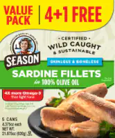Season Wild Caught Skinless & Boneless Sardine Fillets In 100% Olive Oil 5 cans / 4.375 oz